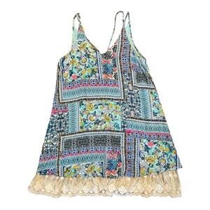 UMGEE, NWOT, BOHO STYLE SUNDRESS WITH LACE UNDERLAY. AQUA PATCHWORK. SIZE S
